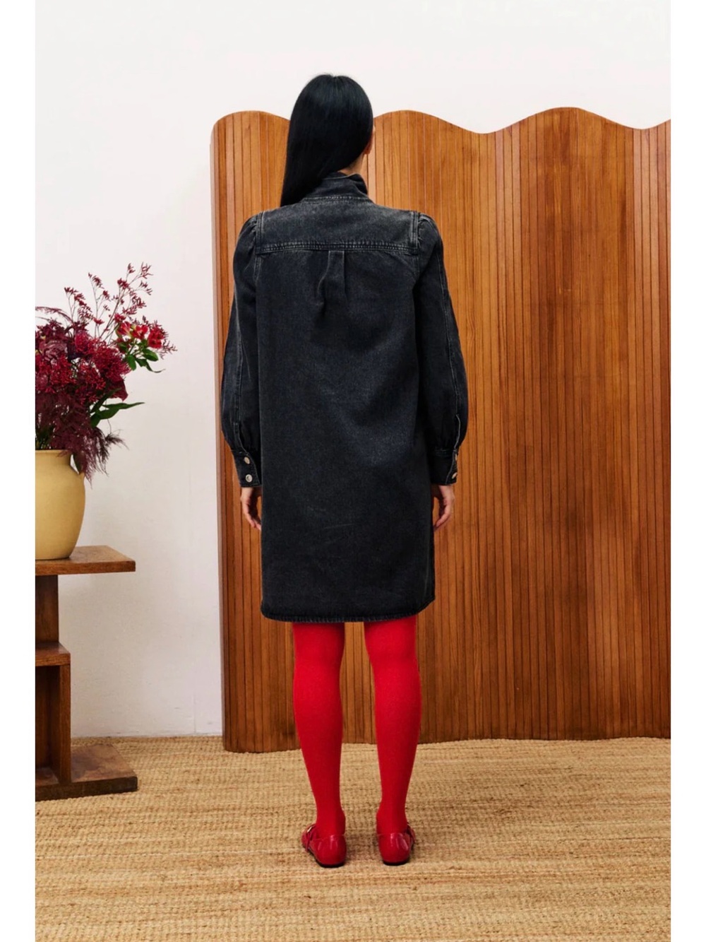 Black Denim Long sleeve Tie-Neck Dress - NWT - Picture 2 of 4